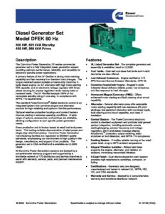 Cummins DFEK 60Hz 500 KW QSX15 G9 Spec Sheet Fetting Power Fetting