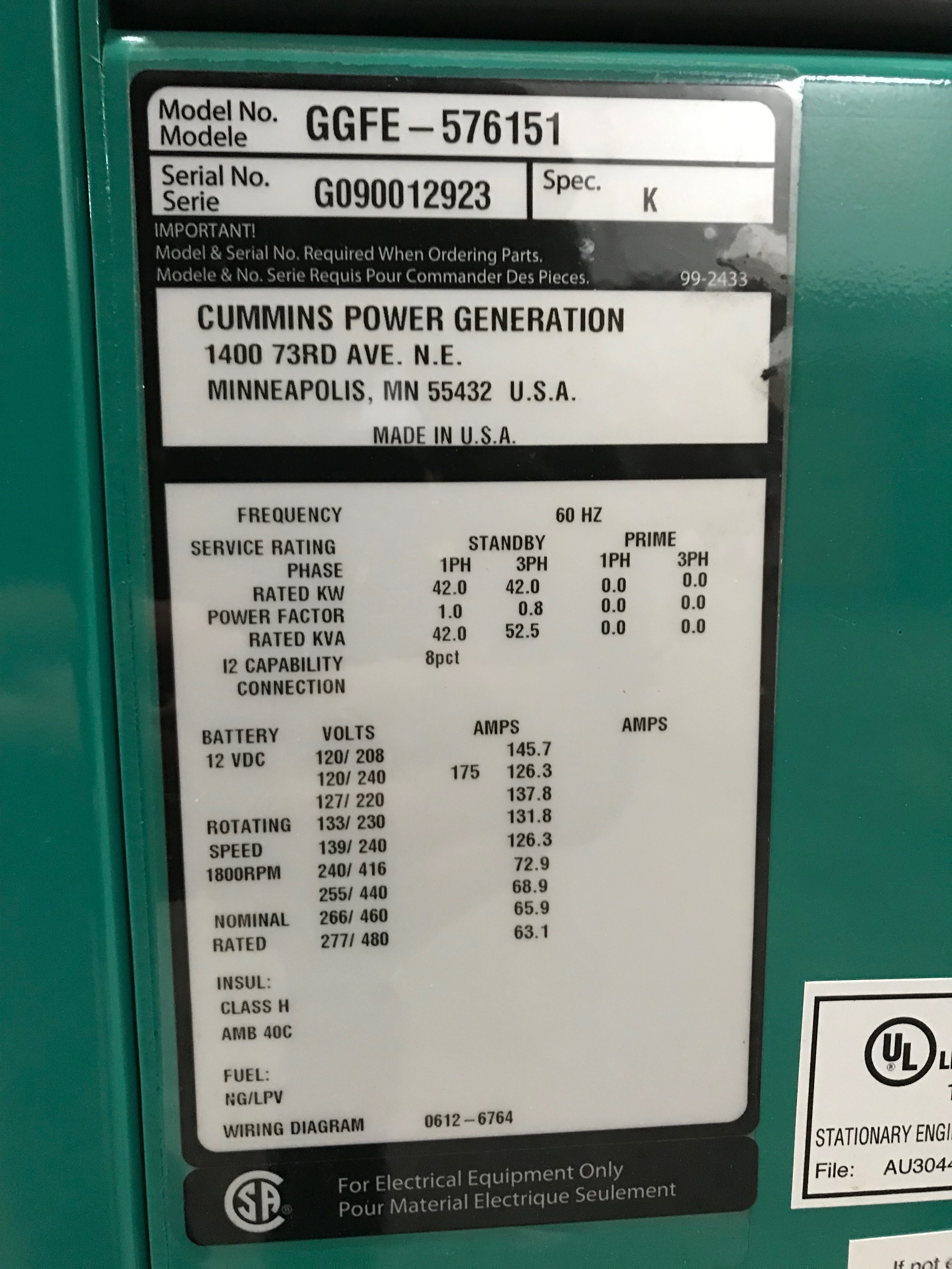 Used 42kW Cummins Standby NG/LPV 120/240V 1PH Generator GGFE | S/N