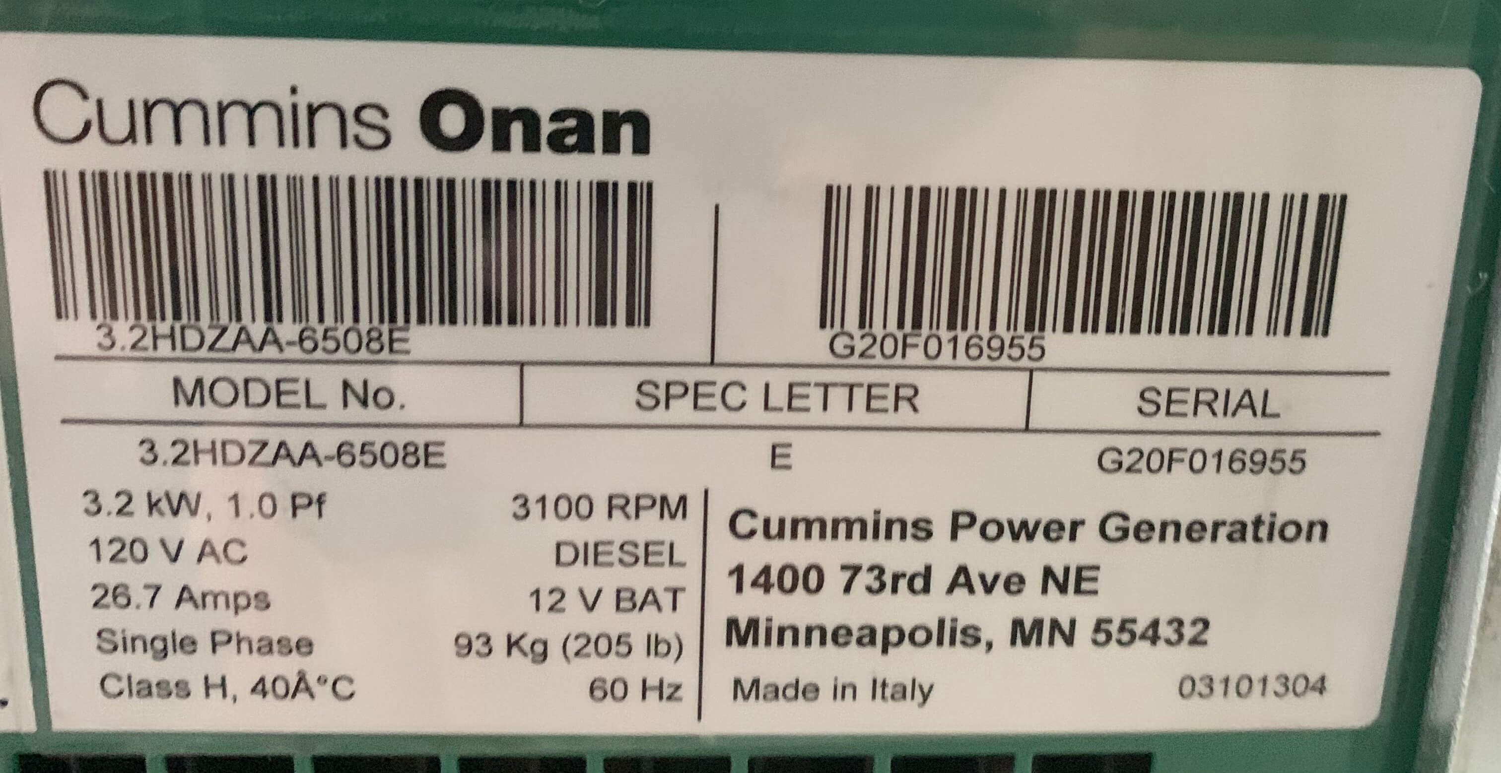 New 3.2kW Cummins Onan RV QD 3200 Diesel Generator 3.2HDZAA-6508E 120V ...