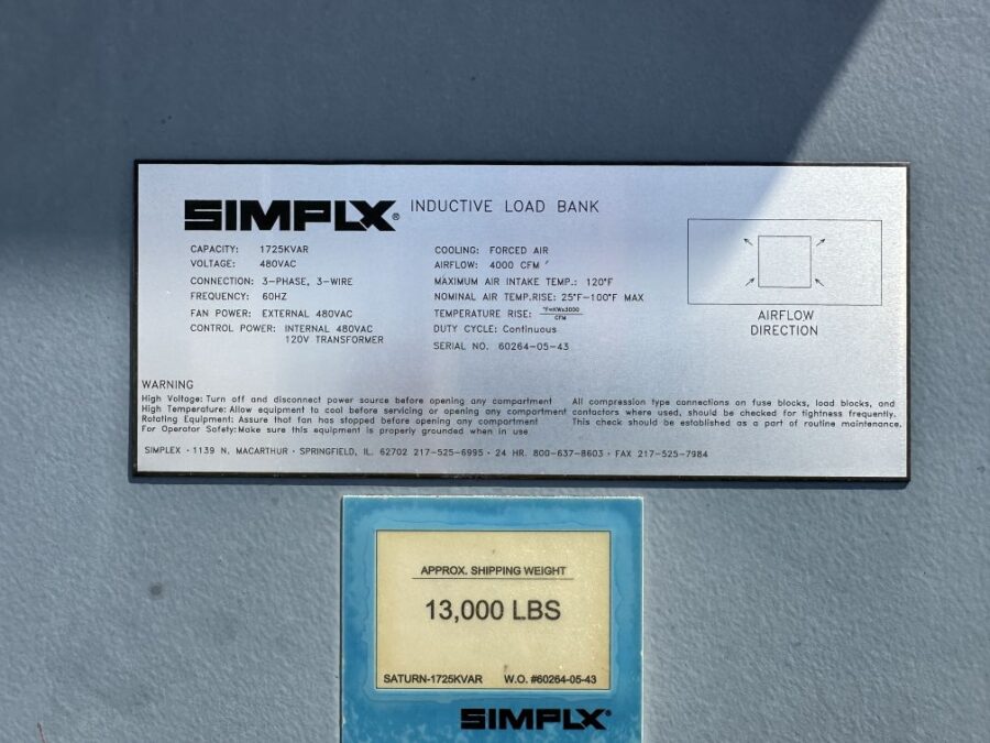 Kvar Simplex Air Cooled Inductive Load Bank Fetting Power Inc