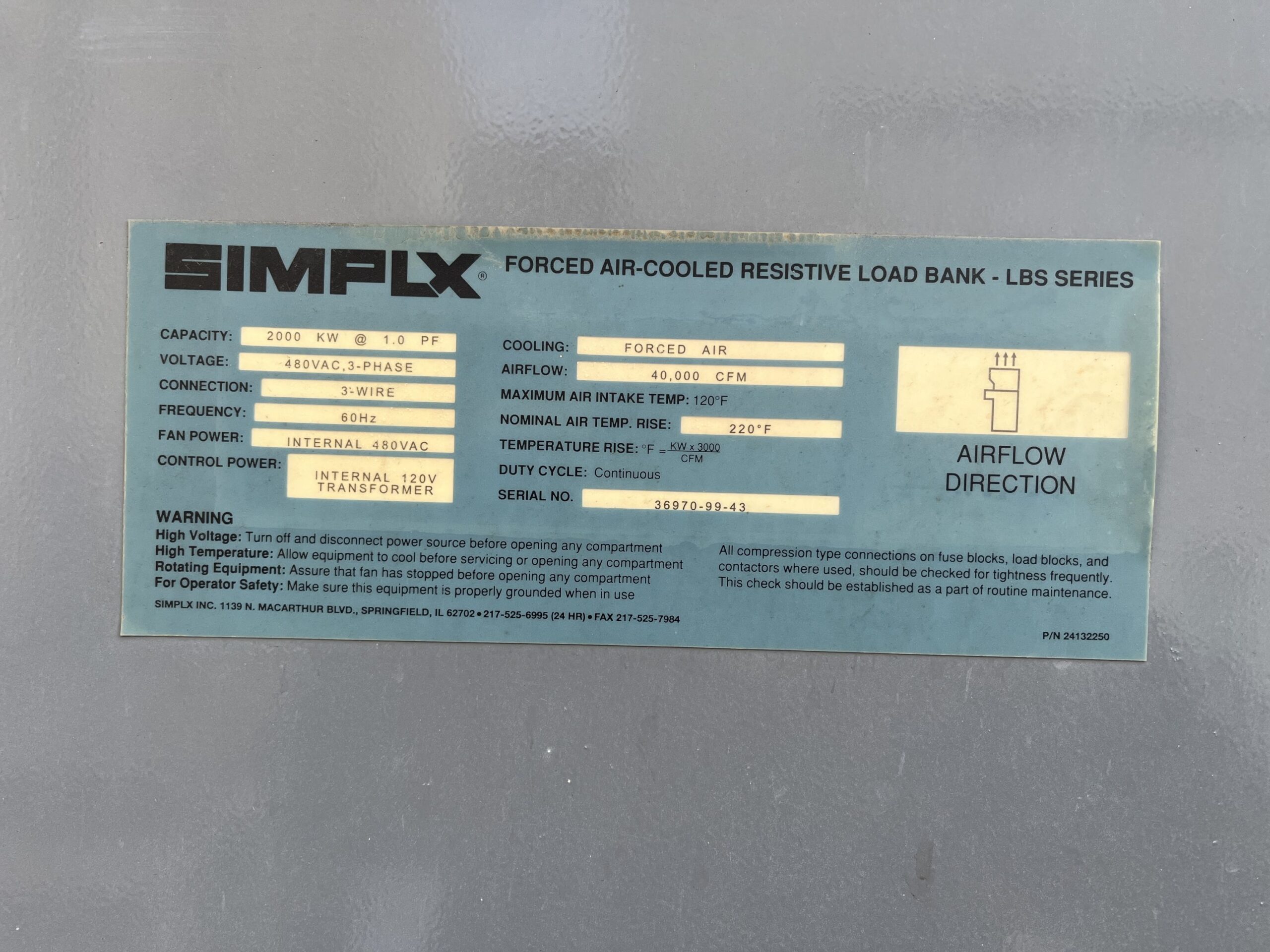 2000kw 480VAC Simplex Forced Air-Cooled Resistive Load Bank LBS Series SN- 36970-99-43_16